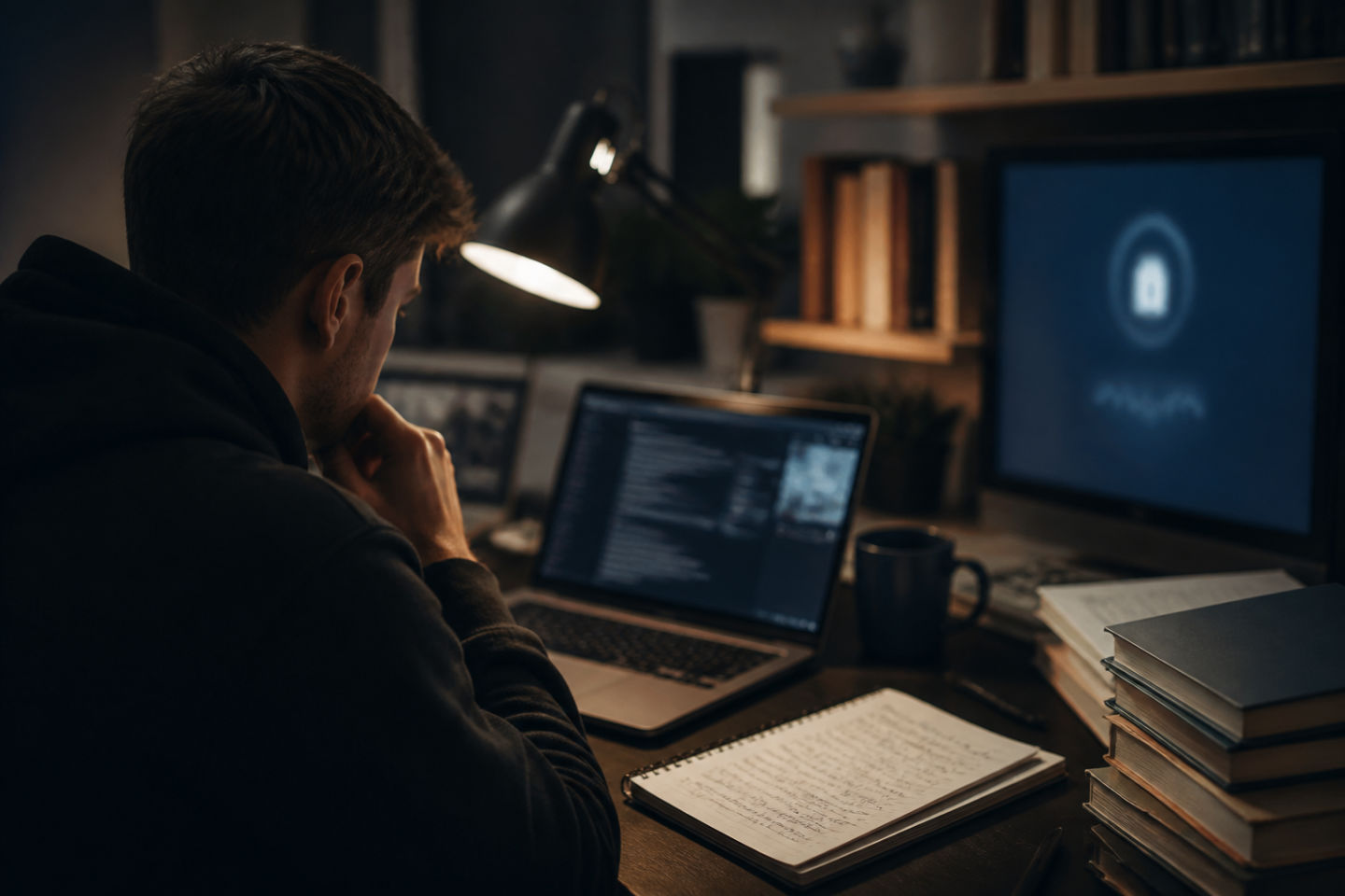 person studying dark web resources on laptop