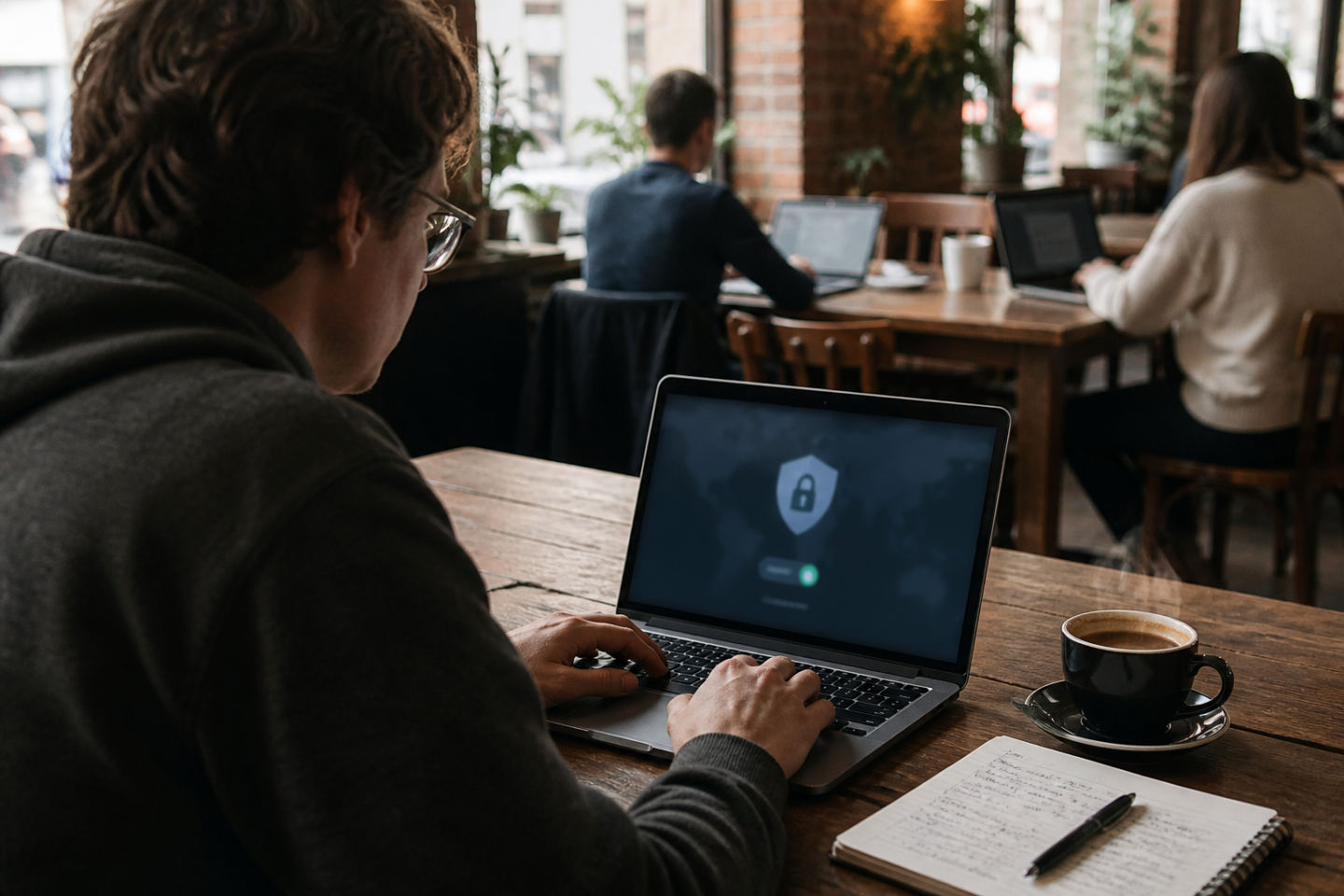 person using VPN in a coffee shop