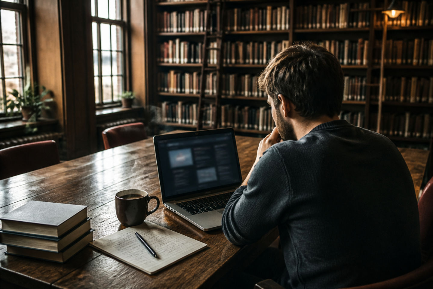individual using laptop in a library for dark web research