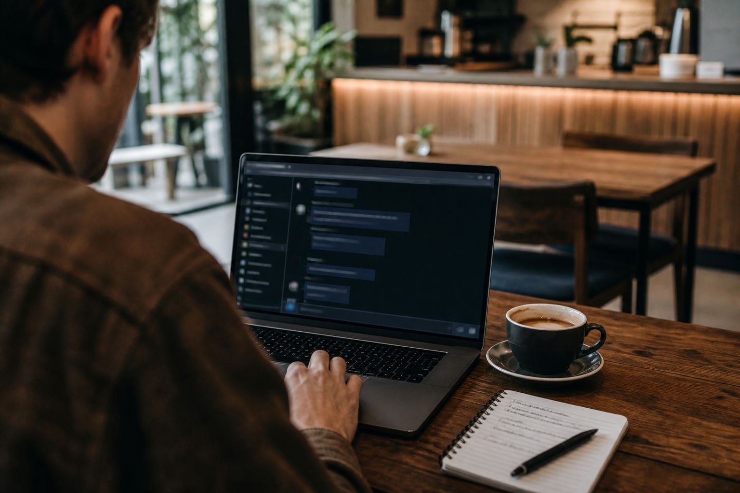 person engaging in dark web conversation in a cafe
