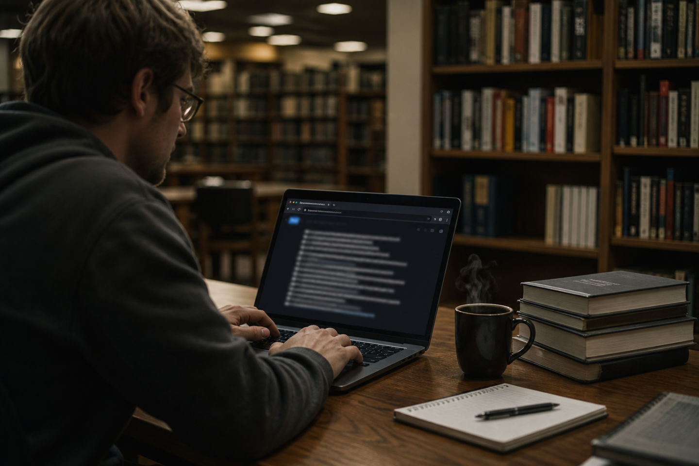 person researching dark web in library setting