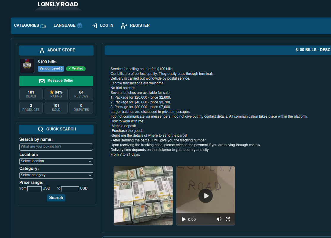 Website offering counterfeit US dollars for sale with images of bills