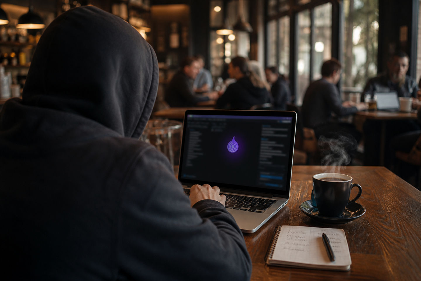 individual using laptop in a modern cafe