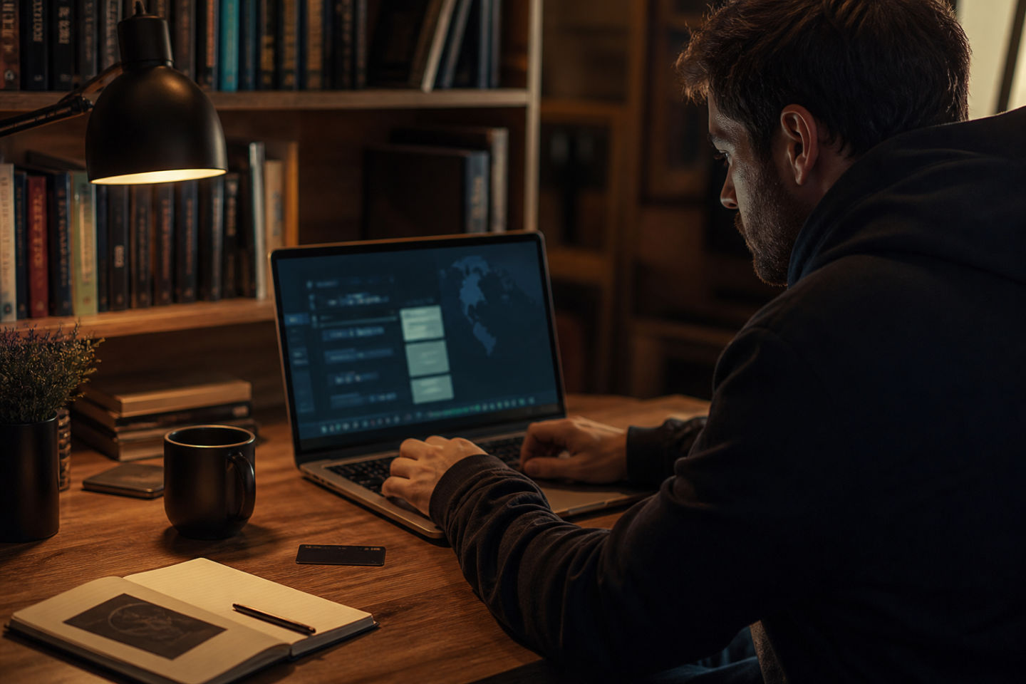 person using a laptop in a cozy home office