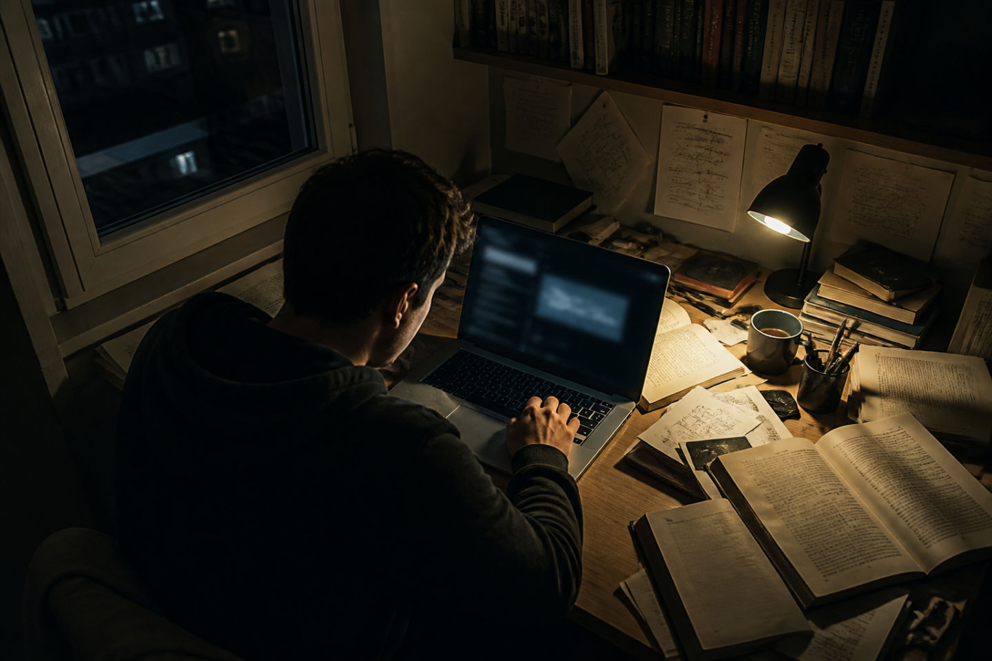 young adult studying dark web resources at a desk