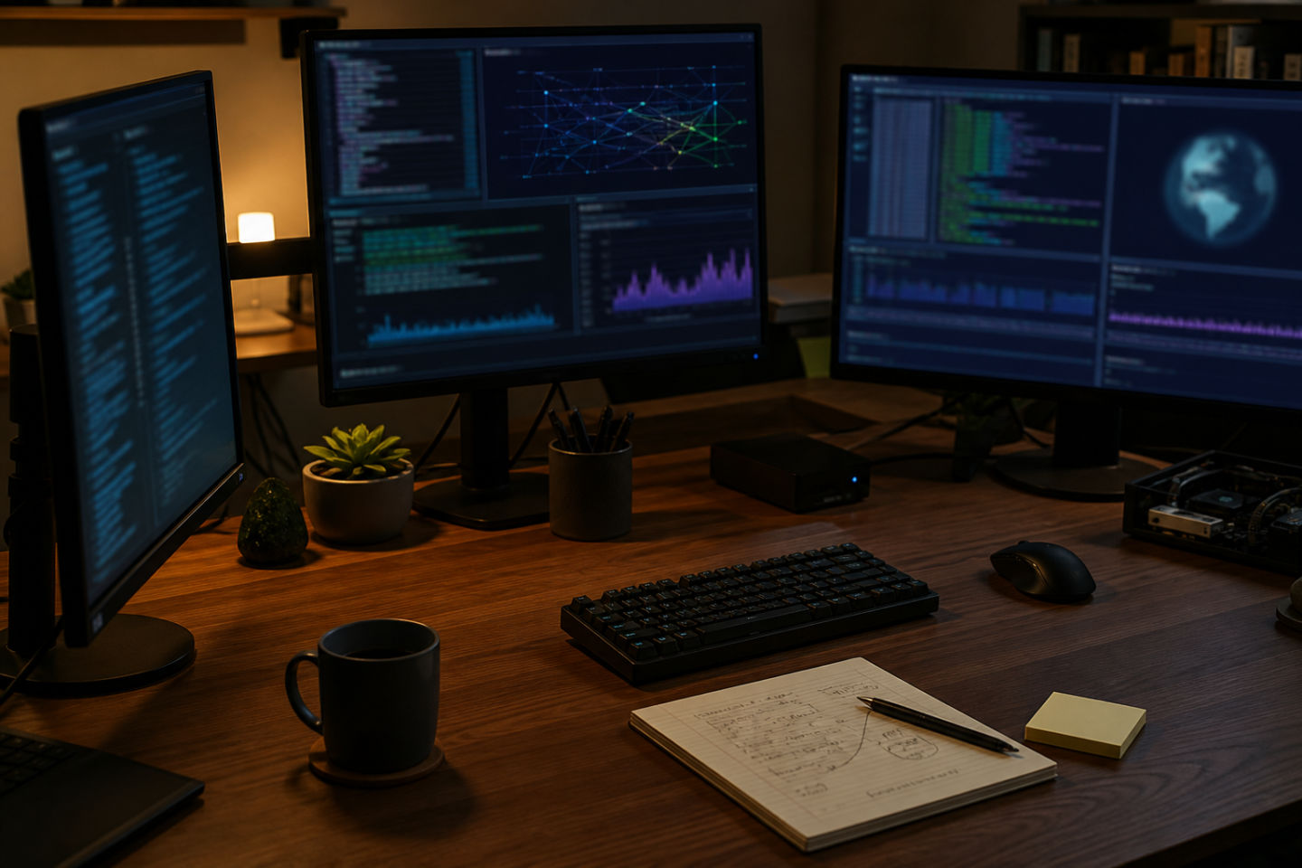 workspace with monitors showing encrypted network traffic