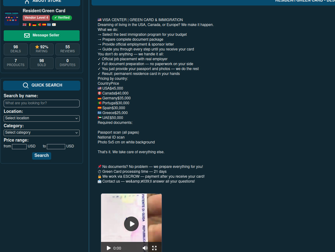 Interface of a website offering visas and green cards.