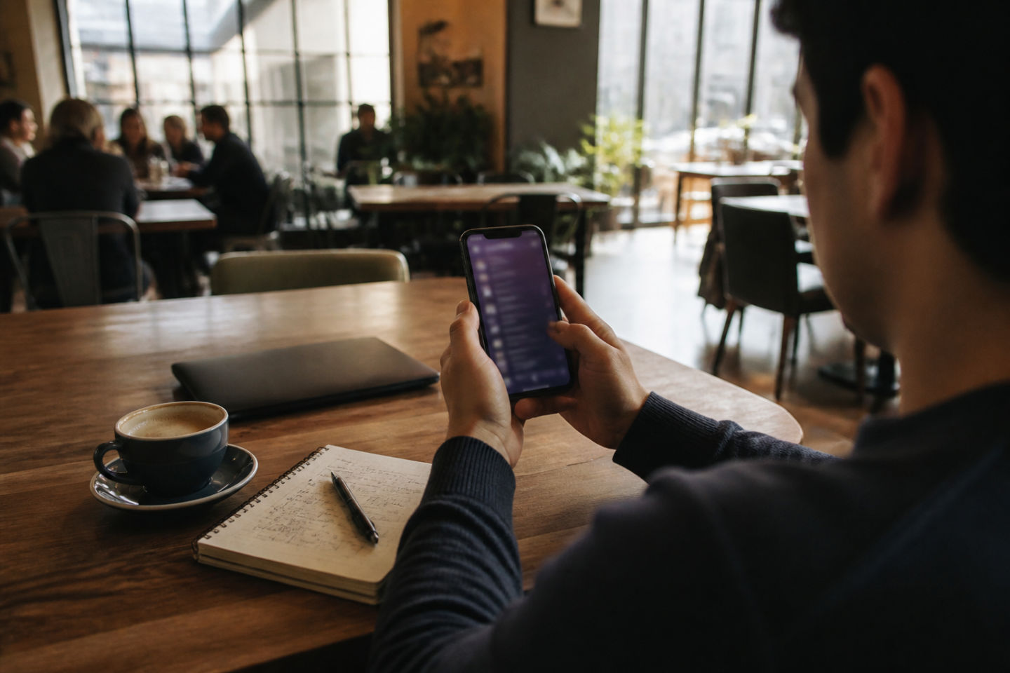 person using smartphone in a cafe