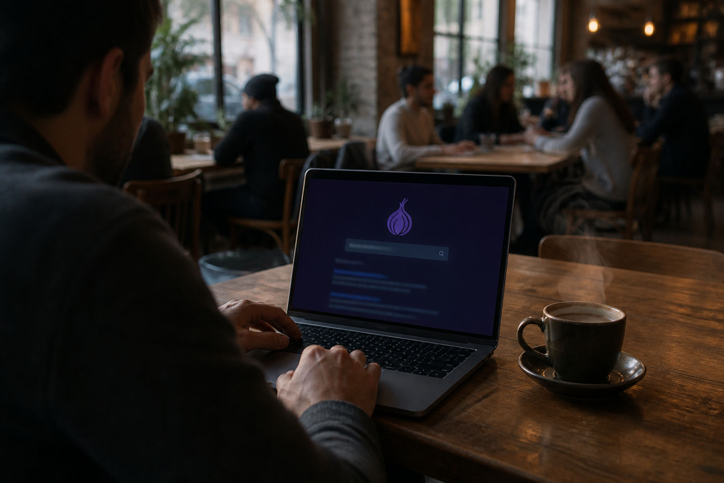 user exploring deep web resources in a cafe setting
