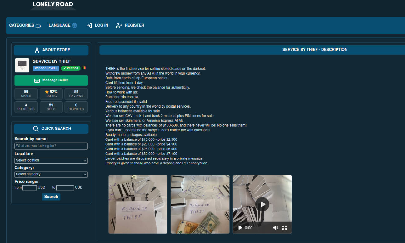 website interface for cloned card services